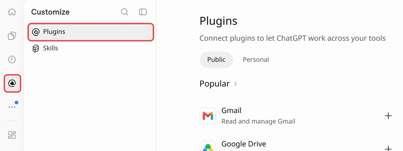 ChatGPT sidebar with the Plugins icon and the Plugins page highlighted