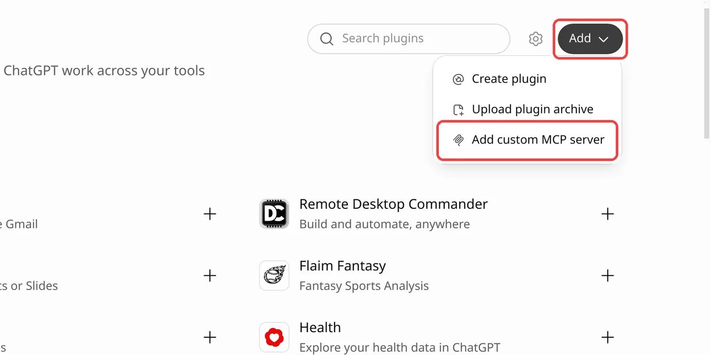 The Add menu on the ChatGPT Plugins page, with Add custom MCP server highlighted