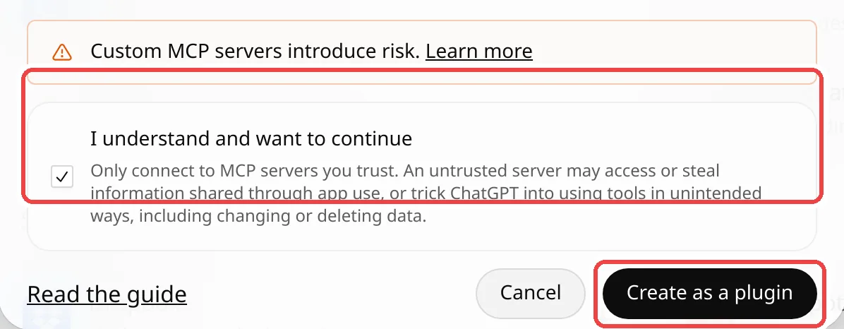 The risk notice with “I understand and want to continue” ticked and the Create as a plugin button