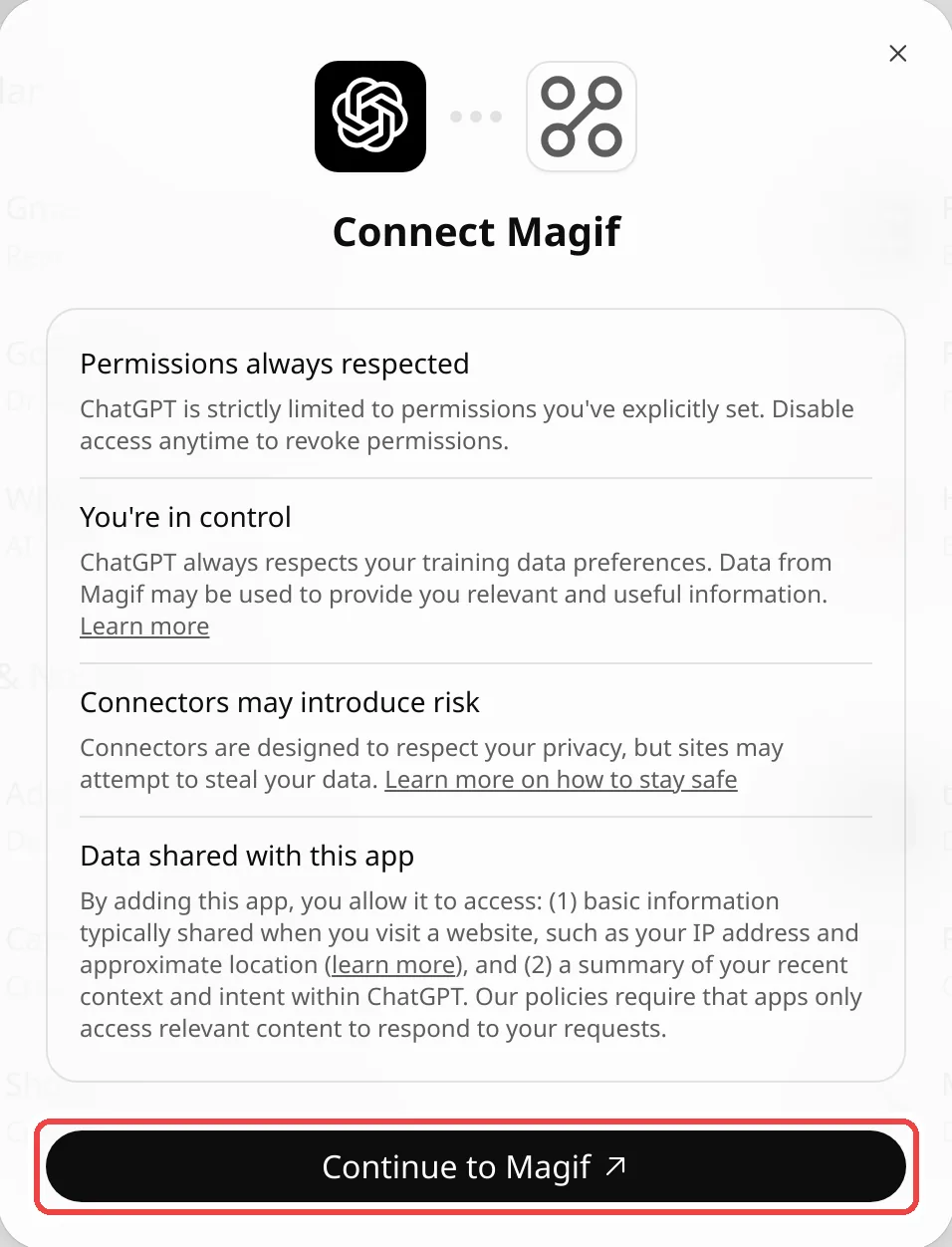 ChatGPT’s Connect Magif screen with the Continue to Magif button