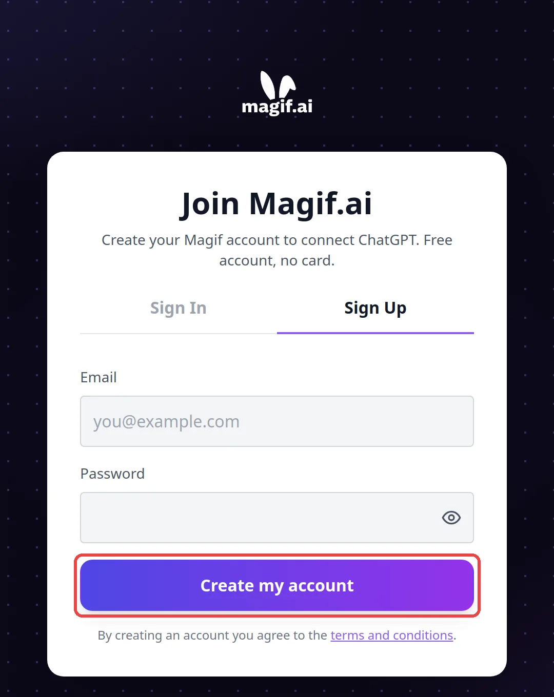 The Magif sign-up page: create your Magif account to connect ChatGPT, free account, no card