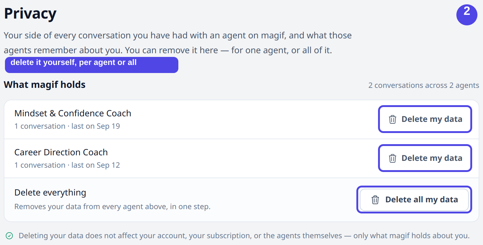 The same Privacy page with the per-agent delete controls and the delete-all-my-data button highlighted.
