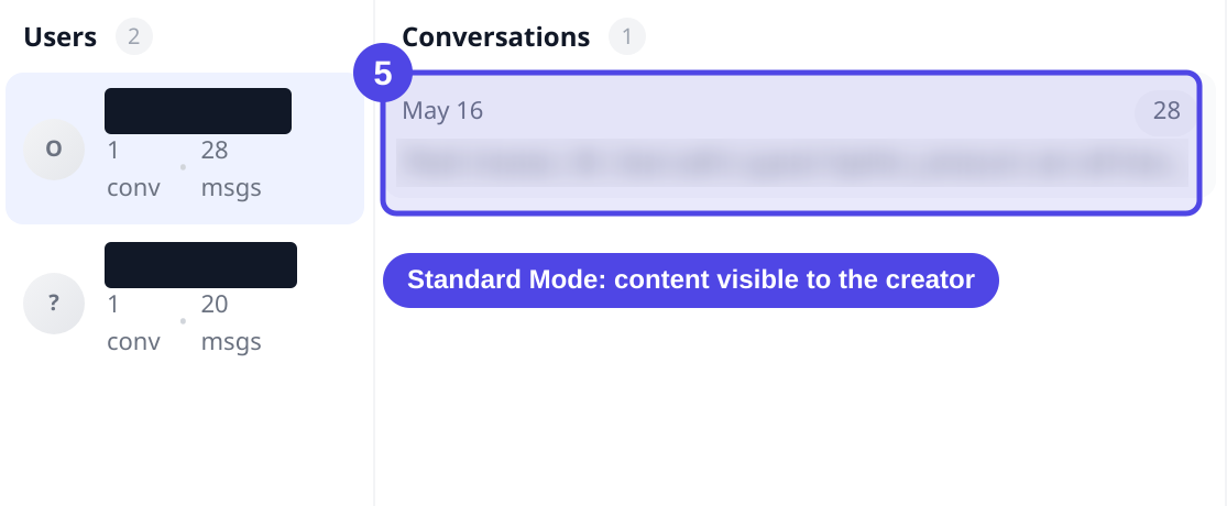 Standard Mode agent where conversation content is visible to the creator by design, shown for contrast.